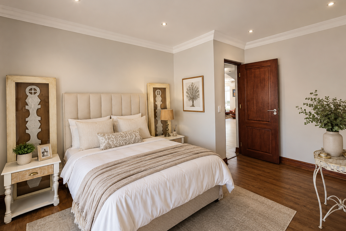 A well-maintained bedroom featuring warm timber flooring, recessed downlighting, and elegant coved cornicing, creating a bright and inviting atmosphere.