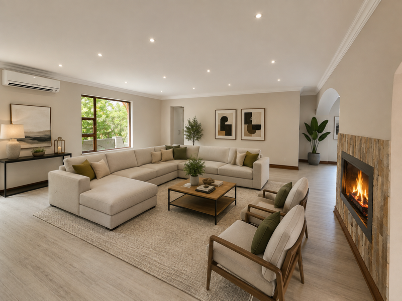 Spacious living room featuring a stone-clad fireplace, recessed downlighting, split-system air conditioning, and modern timber-look flooring.