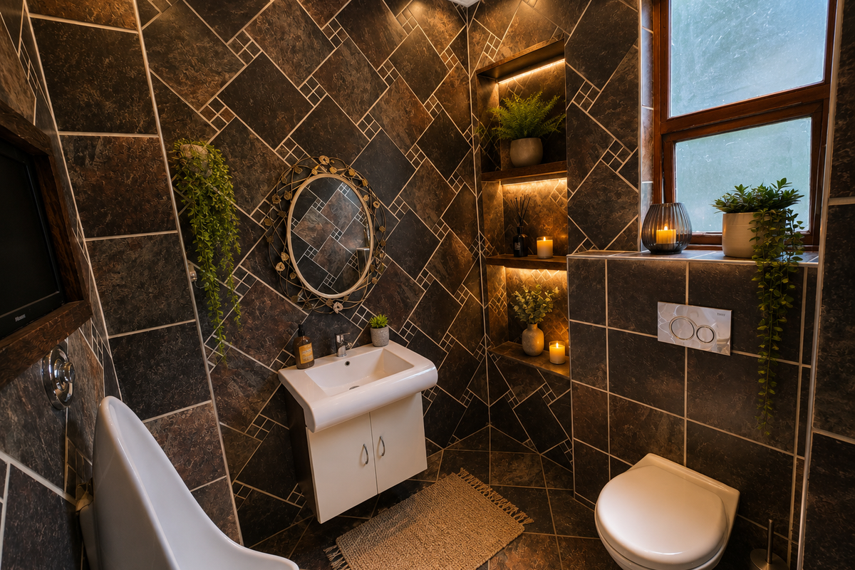 A modern bathroom featuring dark patterned wall and floor tiles, a wall-hung toilet, a urinal, and a vanity unit with integrated recessed shelving.