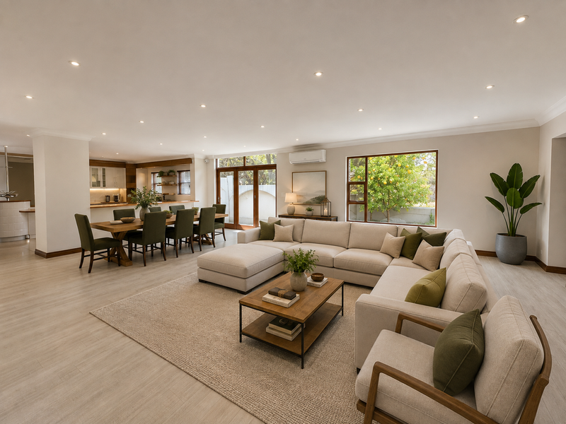 Spacious open-plan living and dining area featuring modern finishes, recessed lighting, and large timber-framed windows overlooking the garden.