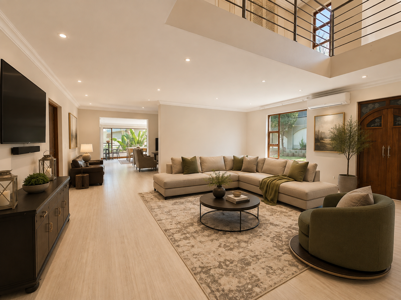 Spacious open-plan living area featuring high ceilings, recessed lighting, split-system air conditioning, and large windows providing natural light and garden views.