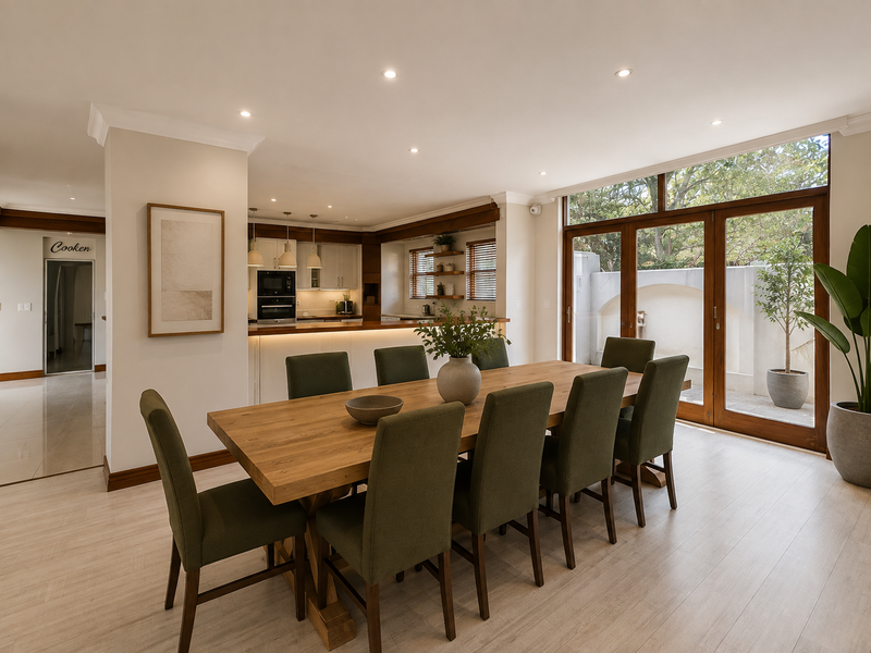 Spacious open-plan dining and kitchen area featuring modern cabinetry, built-in appliances, and large timber-framed glass doors opening to an outdoor patio.
