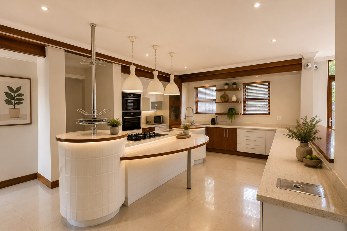Modern kitchen featuring a unique curved island with stone countertops, built-in oven, gas hob, and elegant wooden accents with recessed lighting.
