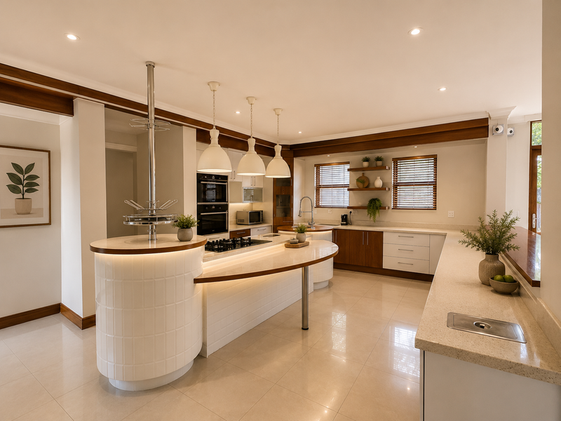 Modern kitchen featuring a unique curved island with stone countertops, built-in oven, gas hob, and elegant wooden accents with recessed lighting.