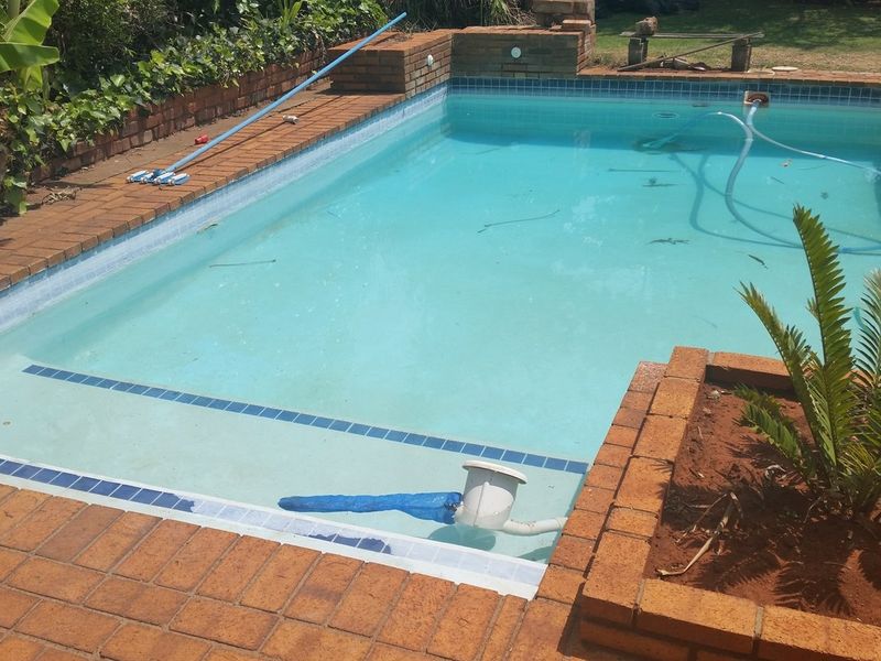 A rectangular swimming pool featuring brick coping and an integrated brick planter box, requiring maintenance and surface repairs.