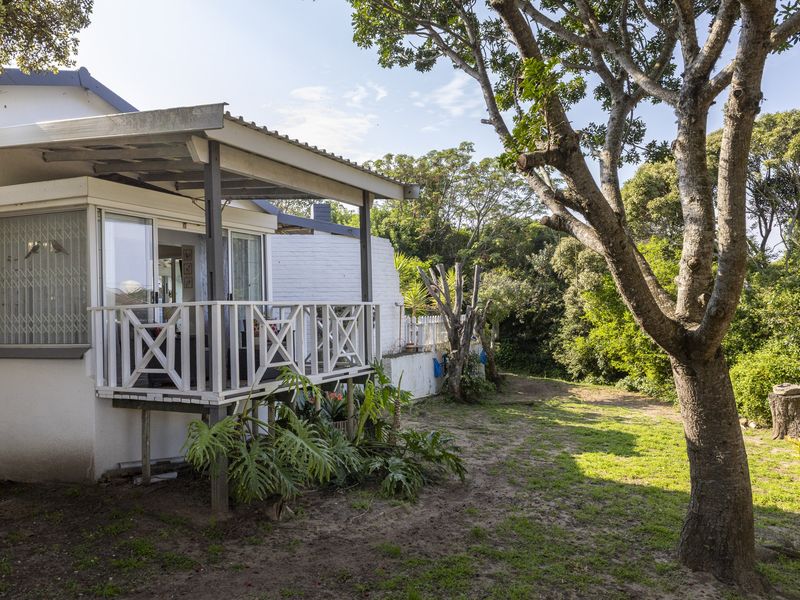 A raised timber deck patio with a covered roof, providing outdoor access to the home and overlooking a natural garden setting.