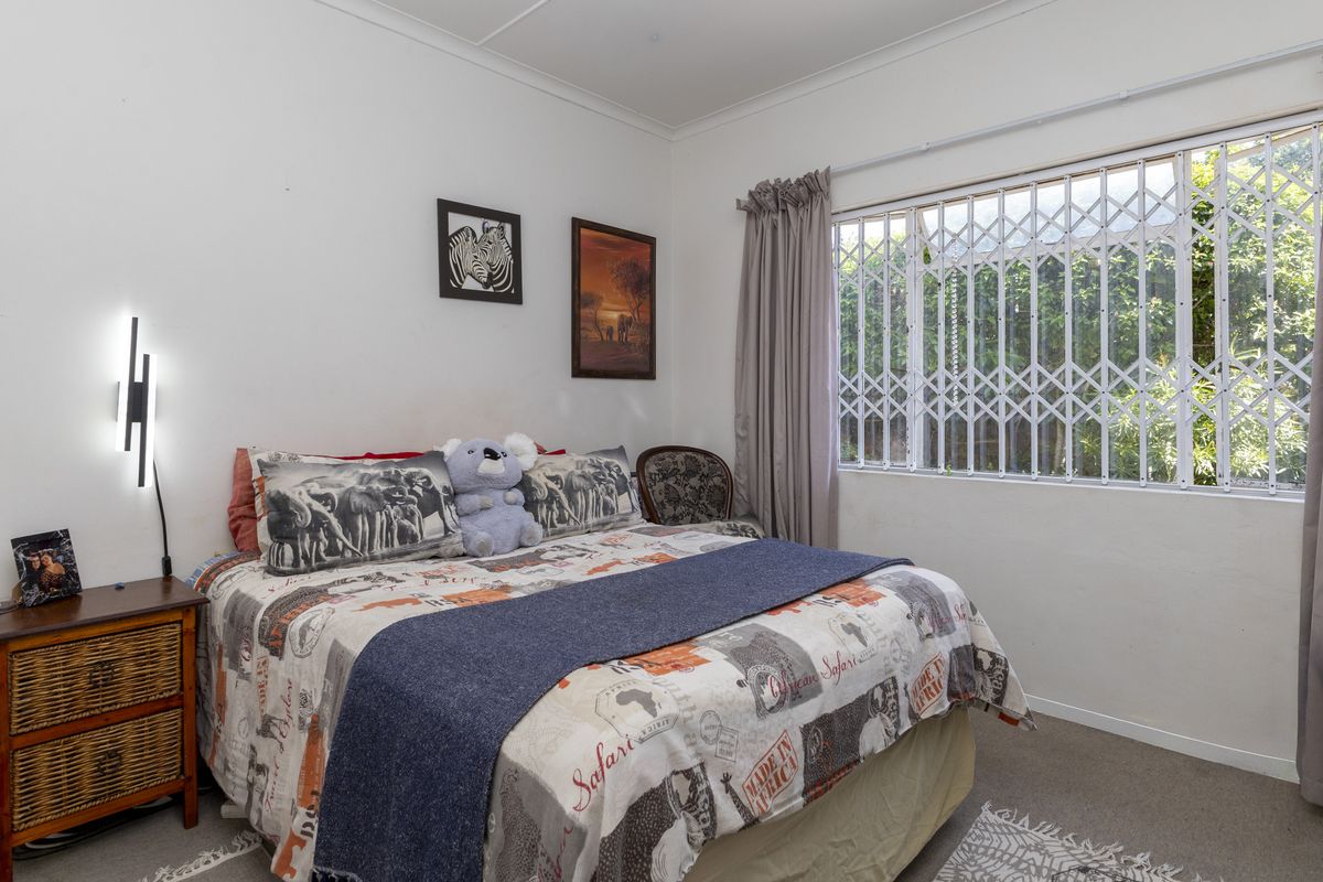 A functional bedroom featuring carpeted flooring, cove cornicing, and a window fitted with a security gate.