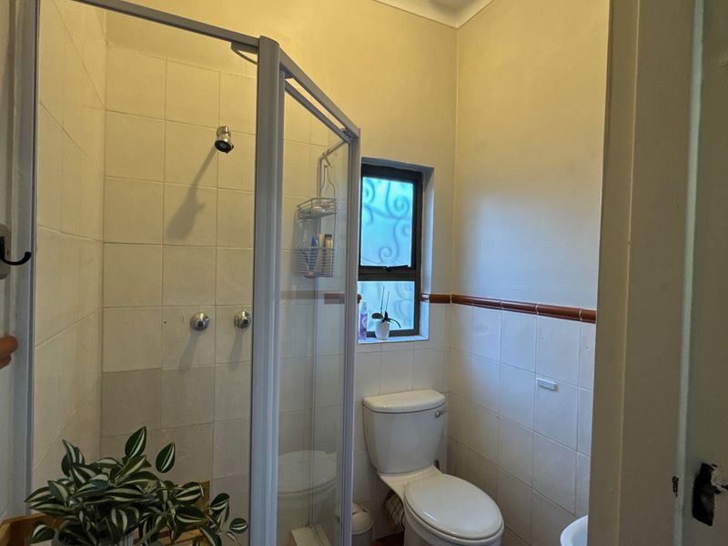 A compact bathroom featuring a shower enclosure, toilet, and tiled walls with an obscured glass window for privacy.