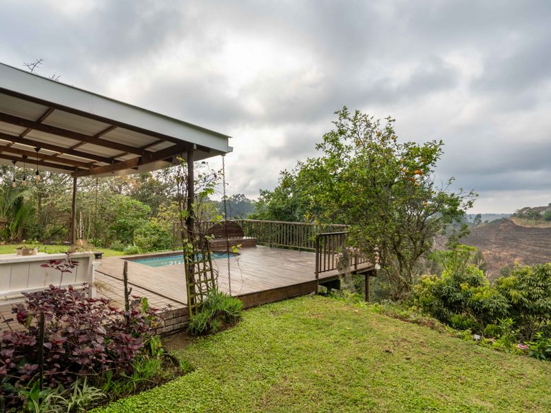 Outdoor entertainment area featuring a swimming pool, timber decking, and a covered patio overlooking the surrounding landscape.