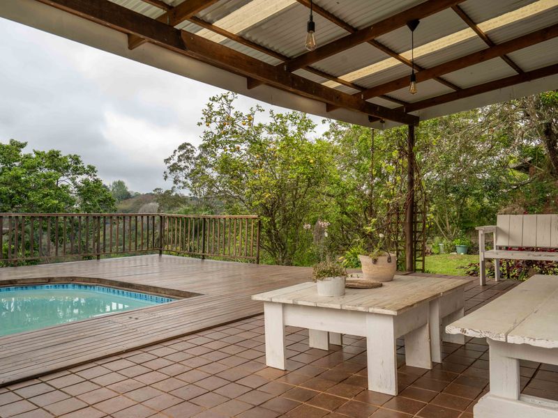 Covered outdoor patio featuring timber decking, a built-in swimming pool, and a timber pergola, overlooking a lush garden setting.