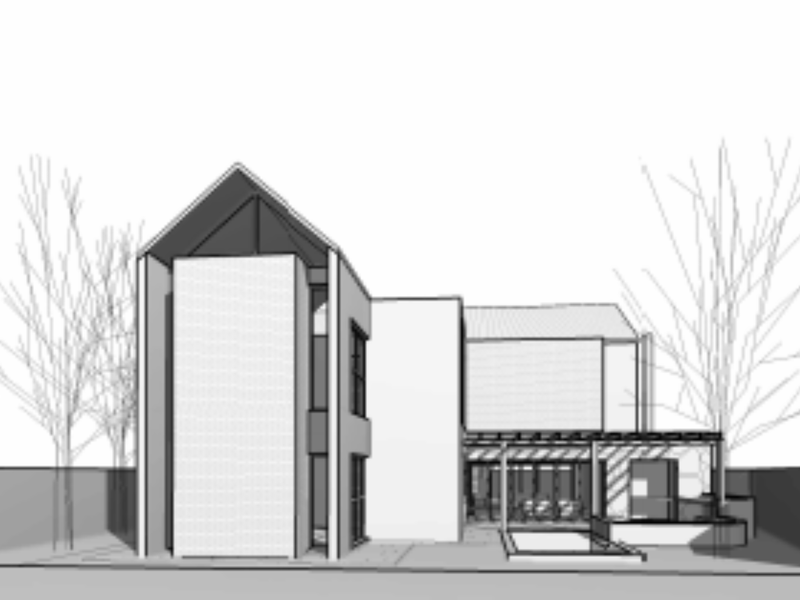 A digital architectural rendering of the rear exterior of a modern house, featuring a patio area and clean structural lines.