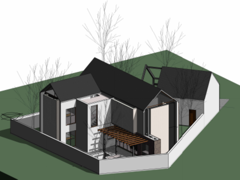 A 3D architectural render showing the proposed layout and exterior design of the residential property.