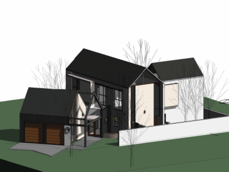 A 3D architectural render of a modern contemporary house featuring a double garage, pitched roof design, and clean exterior lines.