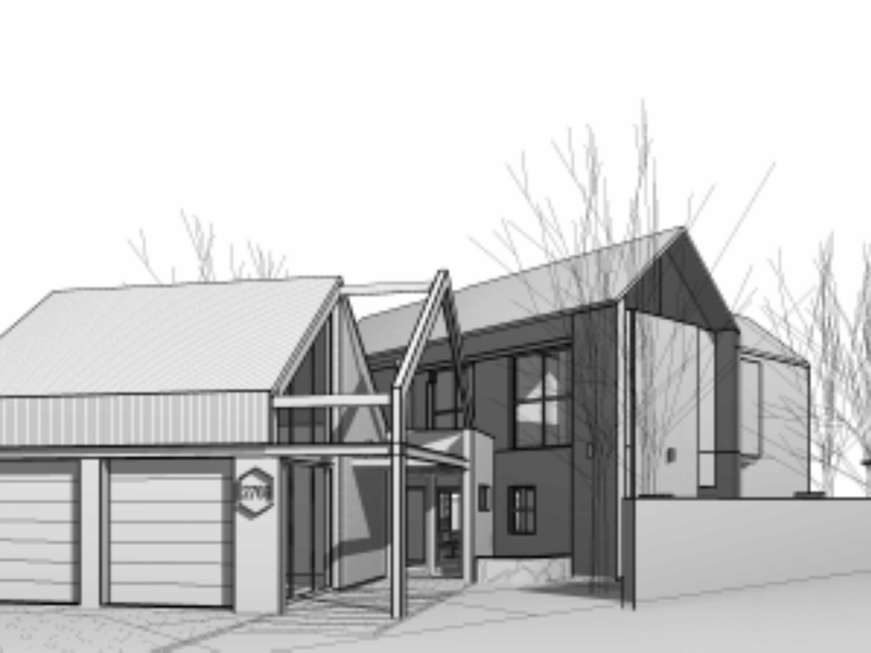 A digital architectural rendering of a modern house featuring a double garage, pitched rooflines, and a contemporary facade design.