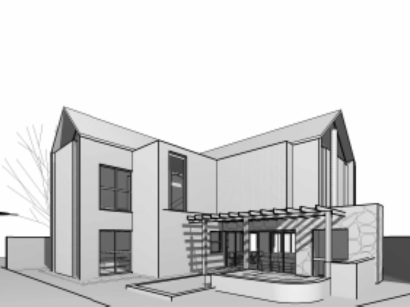 Architectural 3D rendering of a modern residential property featuring a pitched roof design, pergola, and stone-clad exterior wall.