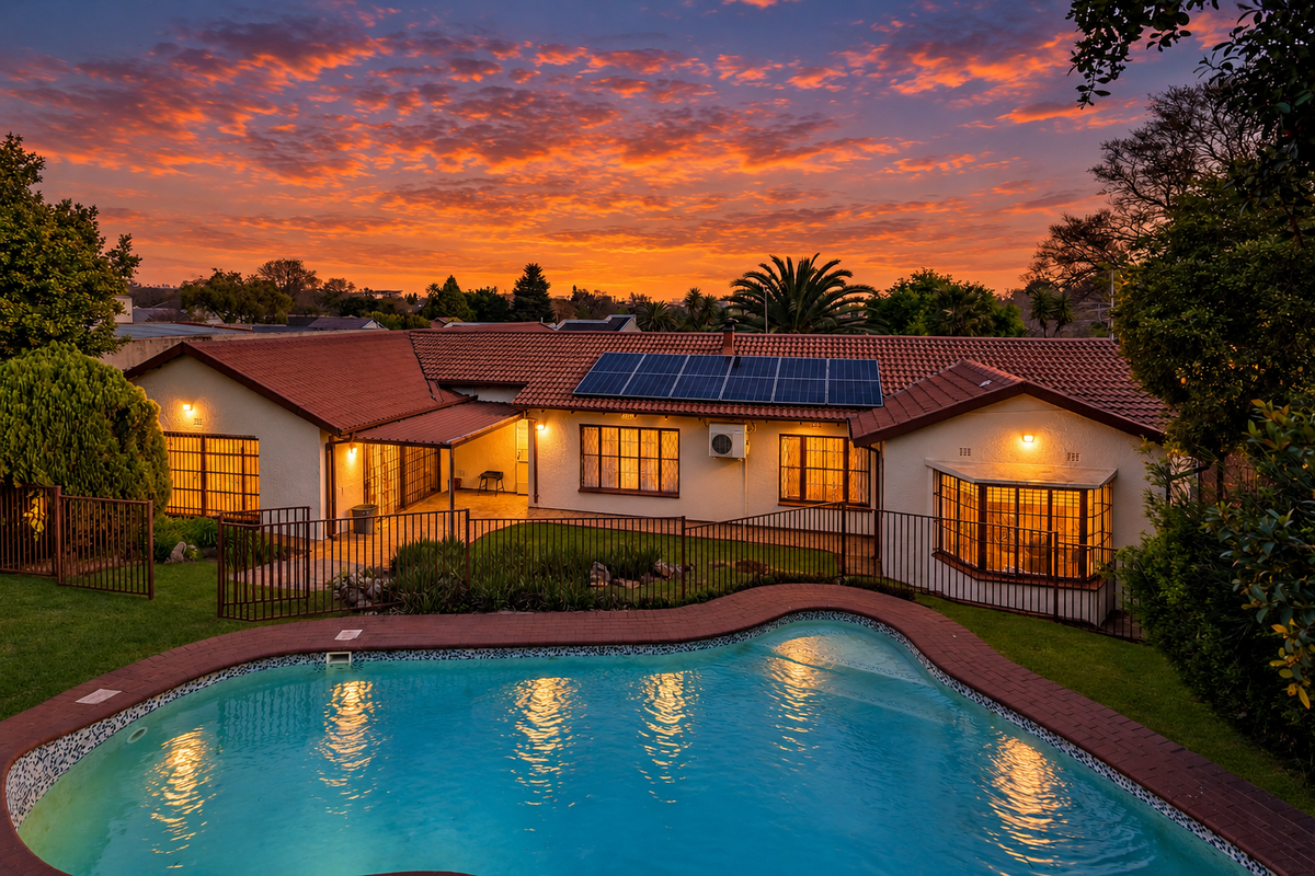 Rear view of the house featuring a swimming pool, landscaped garden, solar panels, and a covered patio area at sunset.