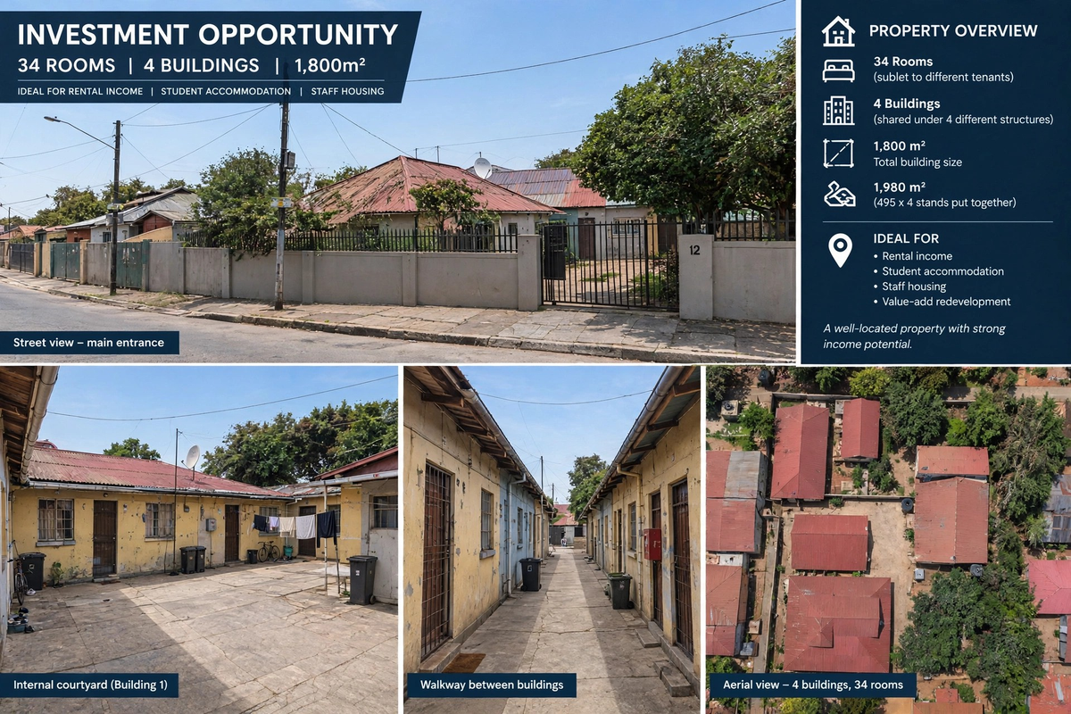 A multi-building property complex featuring paved courtyards, walkways, and multiple rental units with basic exterior finishes and security features.