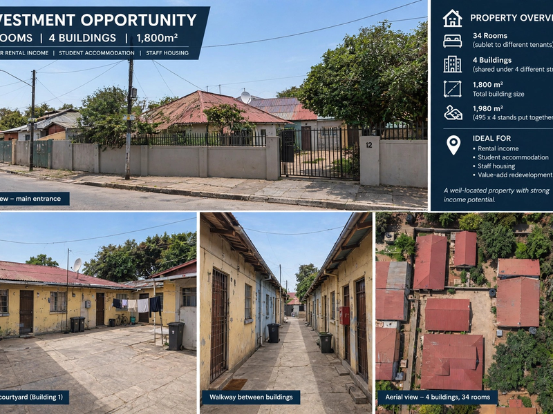 A multi-building property complex featuring paved courtyards, walkways, and multiple rental units with basic exterior finishes and security features.