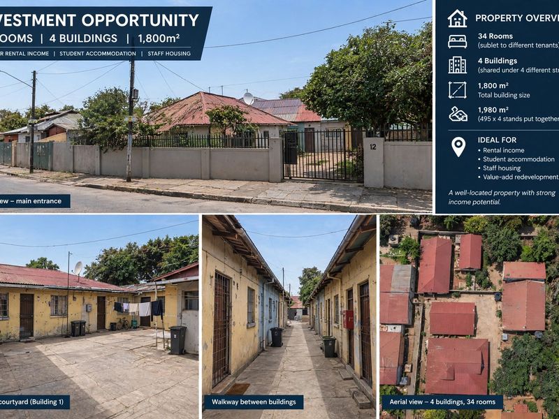 A multi-building investment property featuring a paved courtyard, perimeter walling, and multiple rental units with corrugated metal roofing.