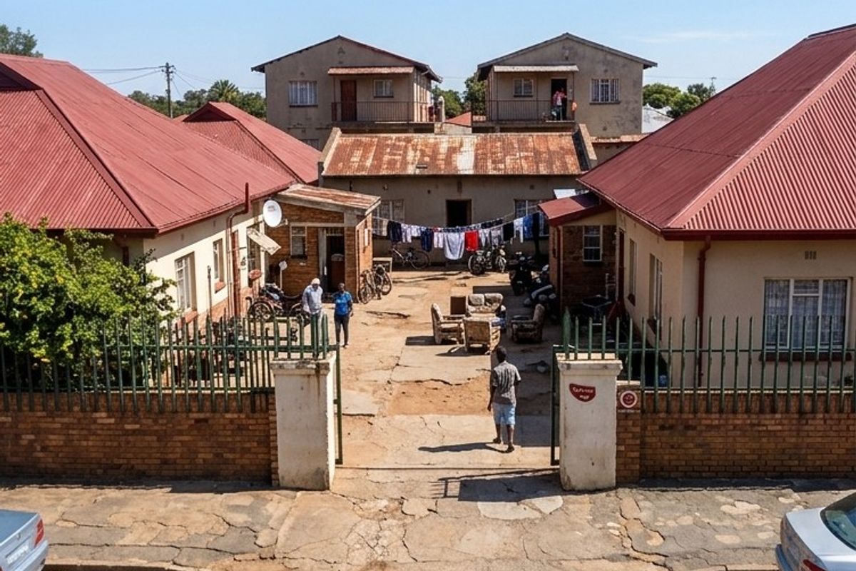 An aerial view of a residential courtyard area featuring multiple dwelling units with red metal roofs and a shared concrete driveway space.