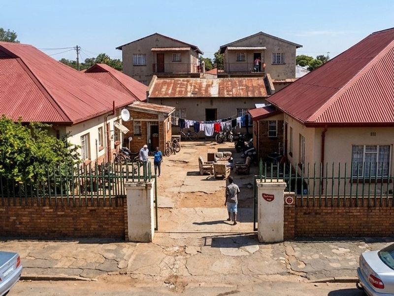 An aerial view of a residential courtyard area featuring multiple dwelling units with red metal roofs and a shared concrete driveway space.