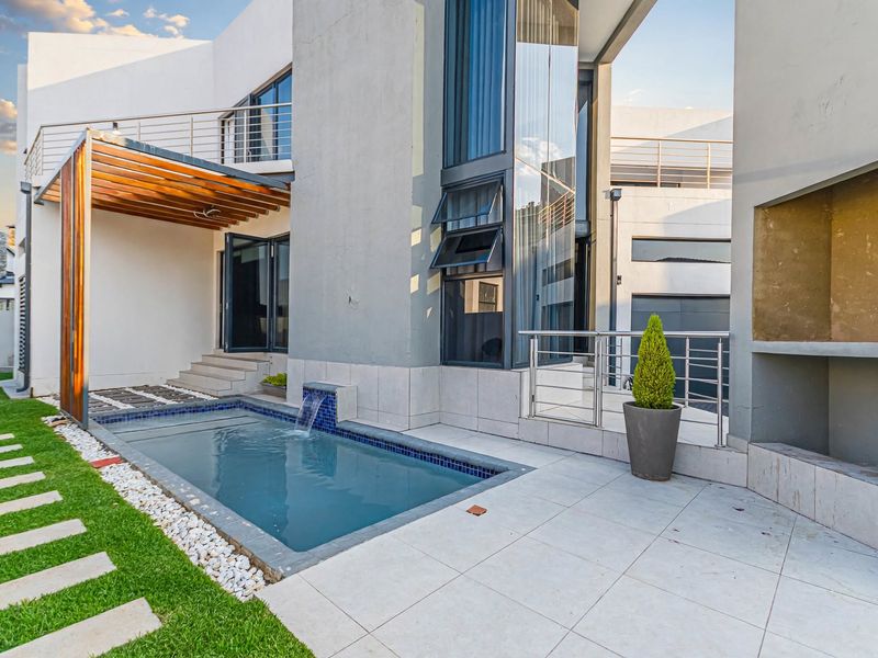 Modern outdoor entertainment area featuring a plunge pool with water feature, tiled patio, timber pergola, and a built-in fireplace.