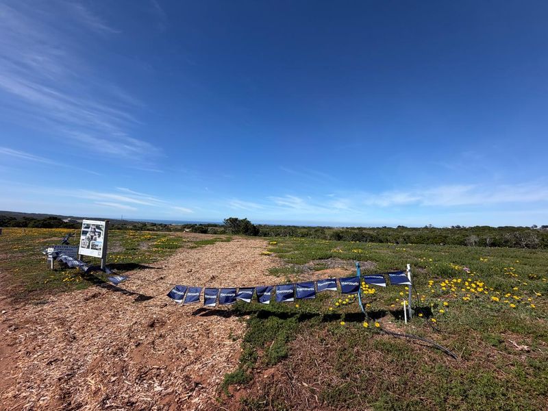 A wide-angle view of a vacant residential plot featuring natural vegetation, clear blue skies, and a real estate sign indicating the property for sale.