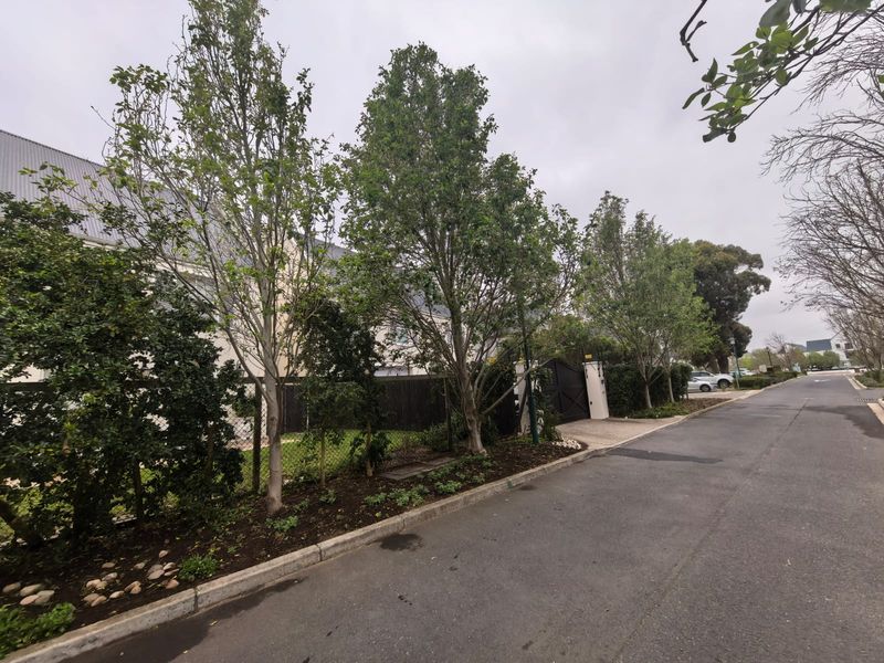 A street-level view showing the property's exterior boundary, featuring a landscaped verge, perimeter fencing, and a gated entrance along an asphalt road.