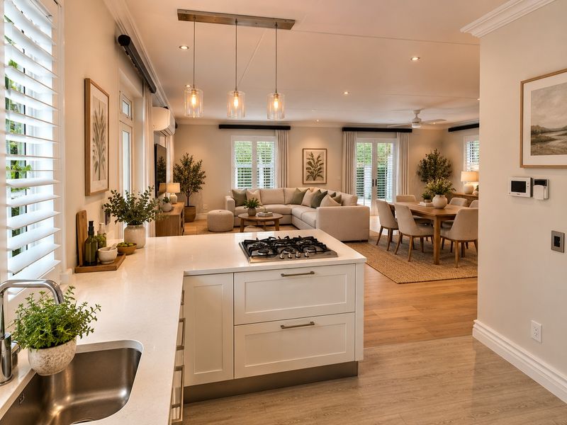 Spacious open-plan living area featuring a modern kitchen with quartz countertops, gas cooktop, and seamless flow into the dining and lounge spaces.
