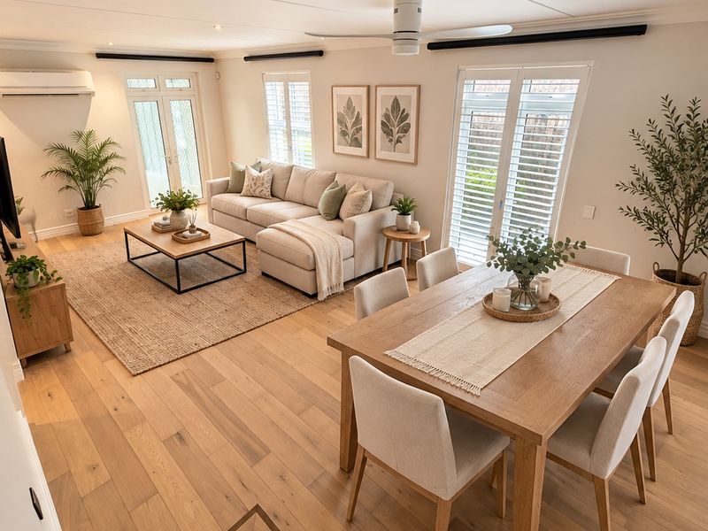 Spacious open-plan living and dining area featuring light timber flooring, modern ceiling fan, split-system air conditioning, and abundant natural light through plantation shutters.
