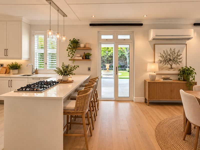 Modern open-plan kitchen and dining area featuring high-end cabinetry, quartz countertops, gas cooktop, and seamless access to the rear garden through glass doors.