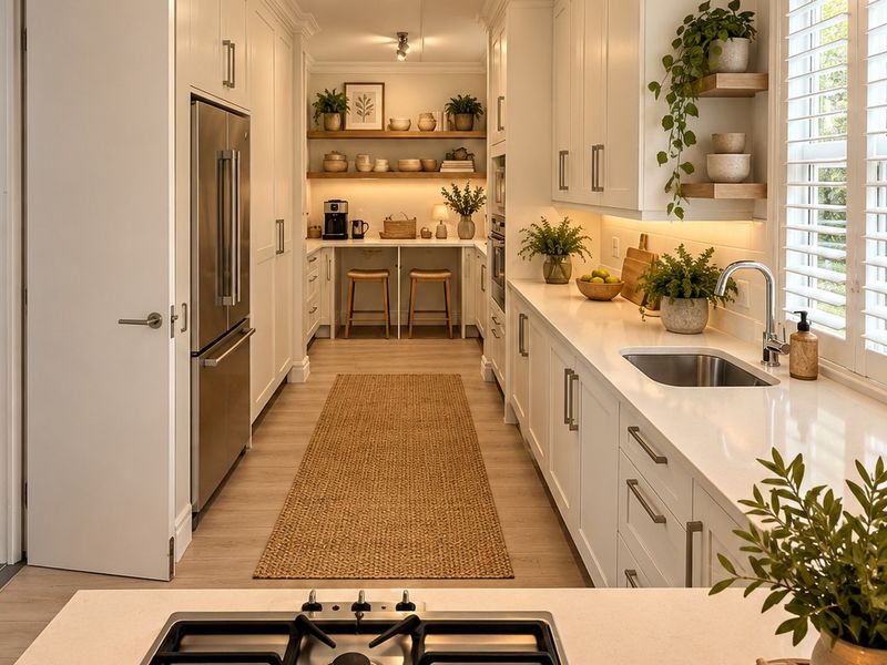 A modern, well-appointed kitchen featuring white cabinetry, quartz countertops, integrated stainless steel appliances, and elegant floating shelving with warm under-cabinet lighting.