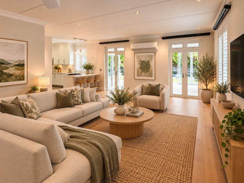 Spacious open-plan living area featuring timber flooring, recessed lighting, and seamless flow to the outdoor patio through double french doors.