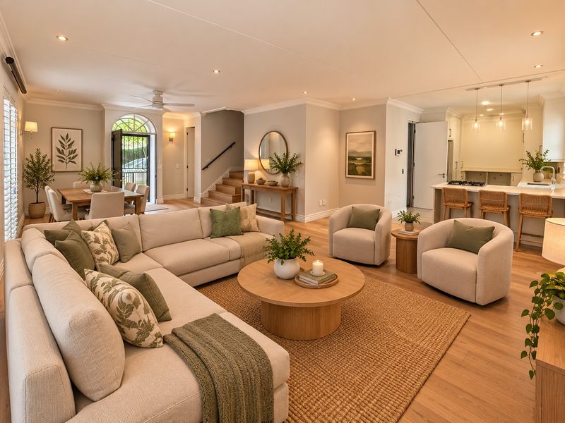 Spacious open-plan living area featuring hardwood flooring, a modern kitchen with island, and seamless flow to the dining space and entrance.