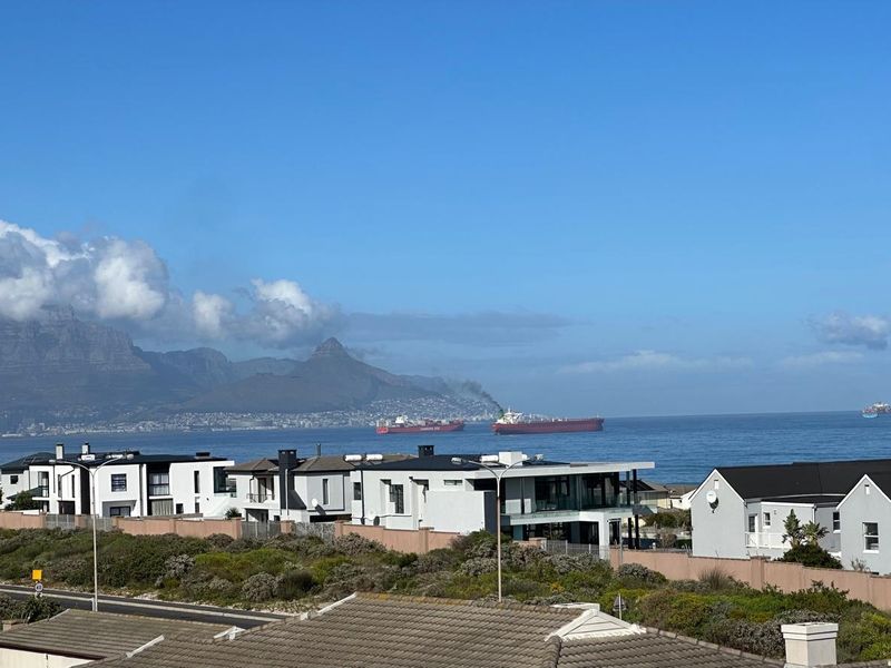 Elevated coastal view overlooking residential properties towards the ocean and mountain range.