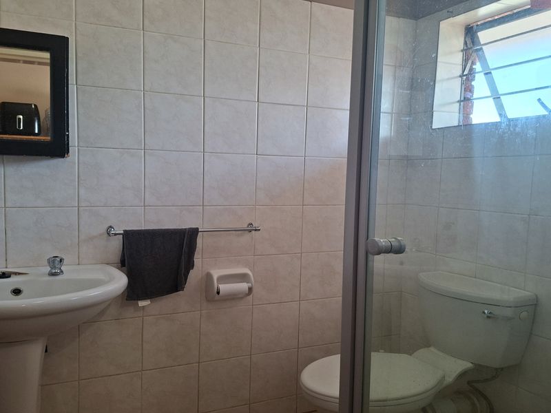 A functional bathroom featuring a pedestal basin, toilet, and a glass-enclosed shower with tiled walls and a small window for natural light.