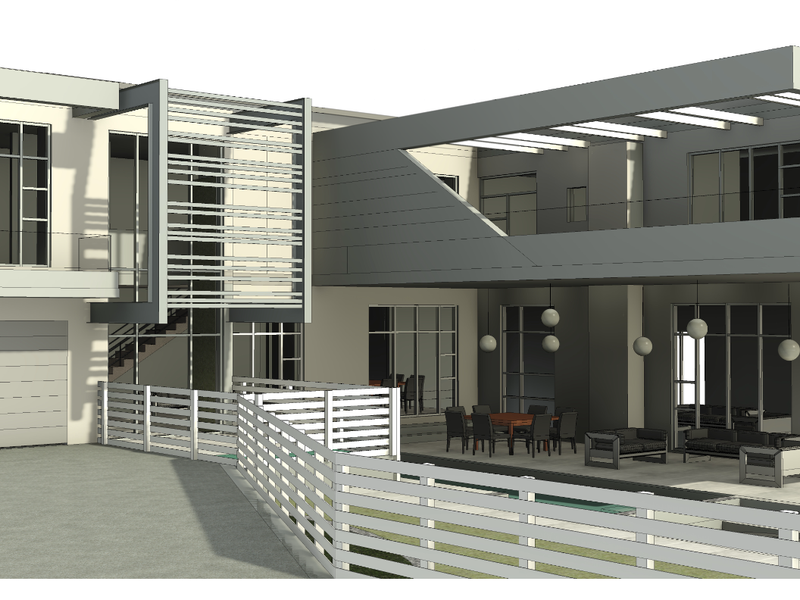 A 3D architectural rendering of a modern residential property featuring a contemporary facade, integrated garage, balcony, and patio area.