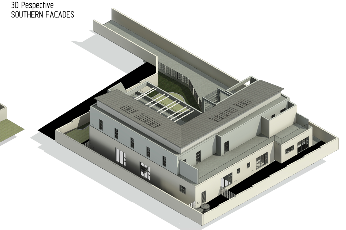 A 3D architectural perspective rendering showing the southern facade and layout of the proposed residential building structure.