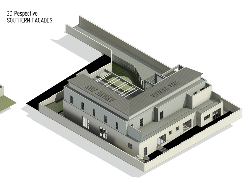 A 3D architectural perspective rendering showing the southern facade and layout of the proposed residential building structure.