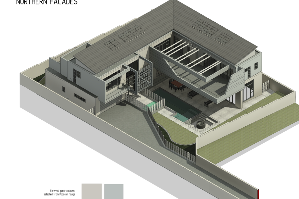 A 3D architectural perspective rendering of the northern facade, showcasing the property layout, pool area, and exterior design features.