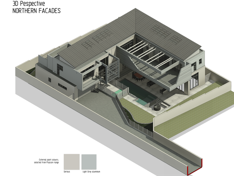 A 3D architectural perspective rendering of the northern facade, showcasing the property layout, pool area, and exterior design features.