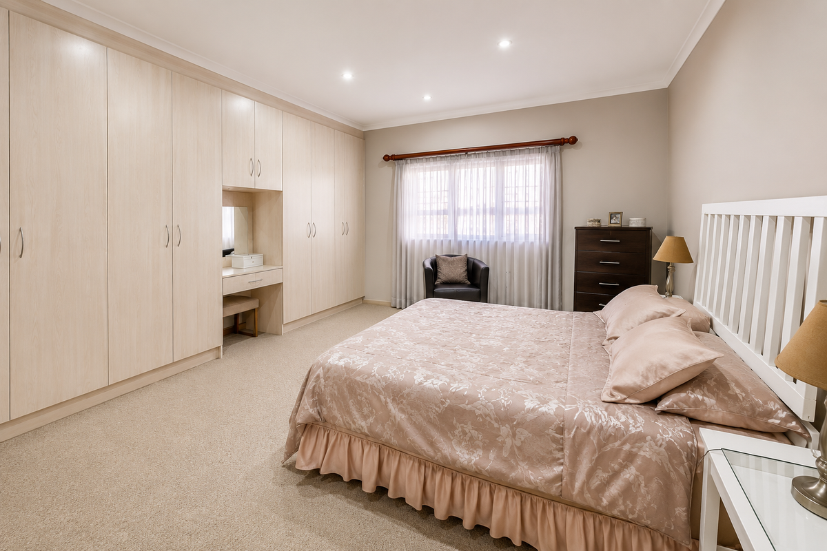 Spacious bedroom featuring extensive built-in cabinetry with integrated vanity, neutral carpeting, and recessed lighting.