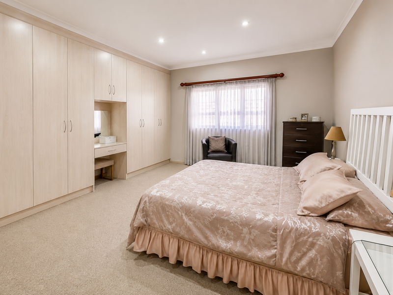 Spacious bedroom featuring extensive built-in cabinetry with integrated vanity, neutral carpeting, and recessed lighting.