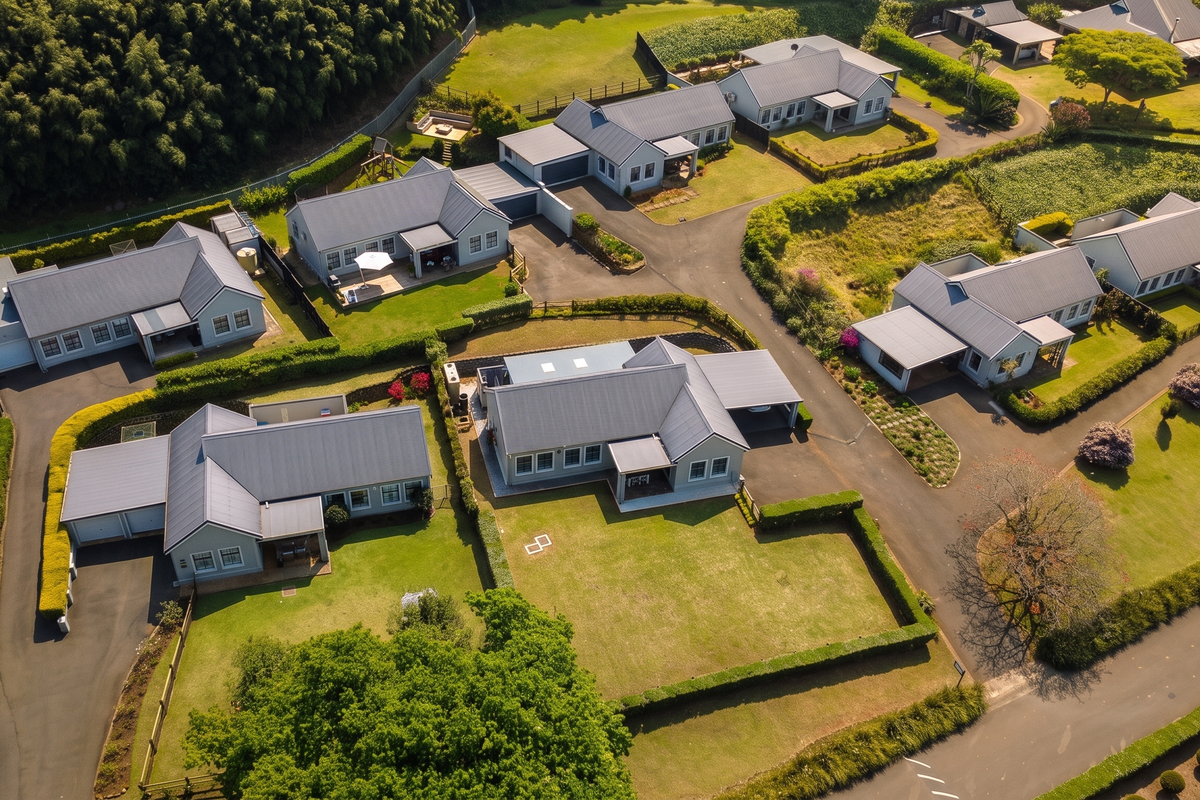 An aerial view of a residential townhouse complex featuring multiple units with metal roofs, paved driveways, and well-maintained landscaped gardens.