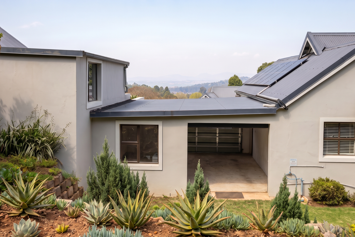 Rear view of the townhouse featuring a garage, solar panel installation, air conditioning unit, and landscaped terraced garden with established succulents.