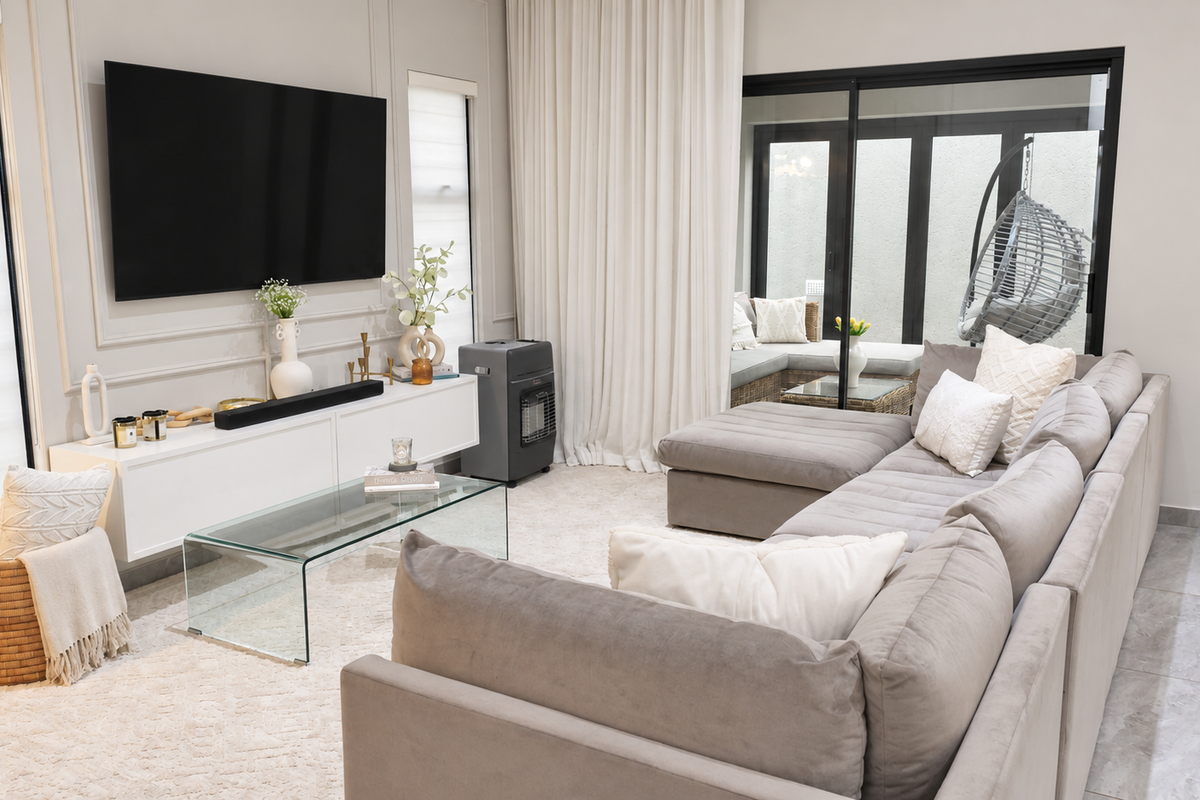 Modern living room featuring elegant wall moulding, large sliding glass doors leading to a patio, and neutral tiled flooring.