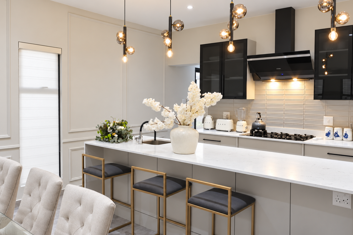 Modern kitchen featuring a large island with quartz countertops, sleek cabinetry, high-end gas cooktop, extractor fan, and elegant pendant lighting.