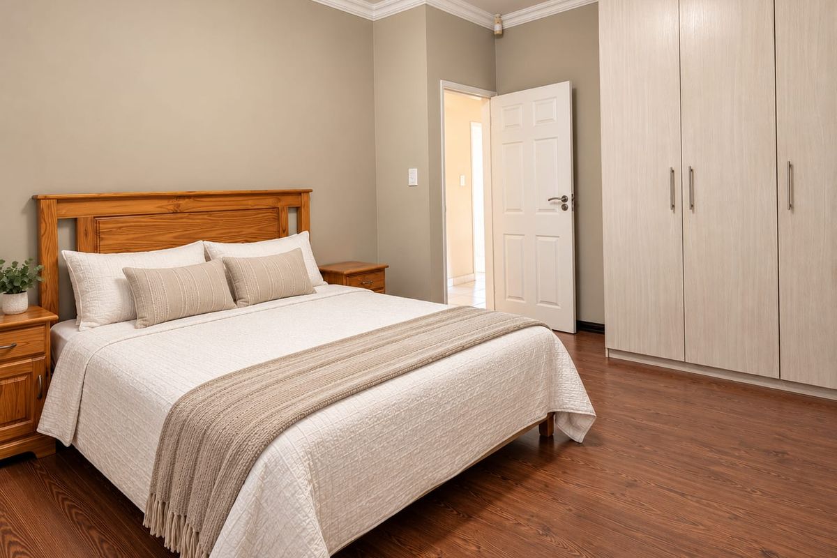 A well-maintained bedroom featuring warm-toned laminate flooring, neutral wall paint, and ample built-in cupboard storage with modern finishes.