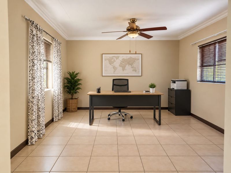 A well-lit home office featuring neutral wall tones, tiled flooring, ceiling fan, and dual window treatments.