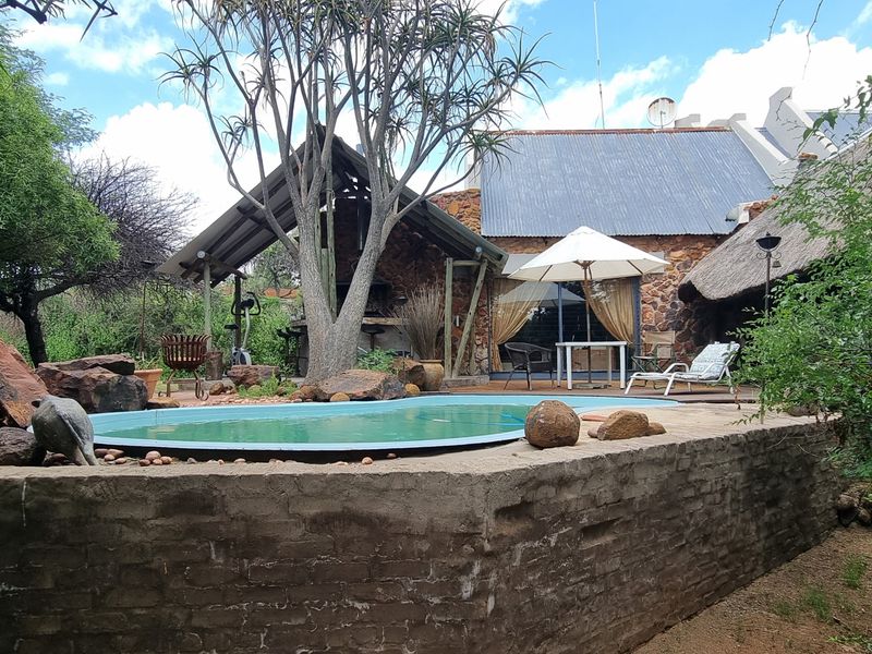 Outdoor pool area featuring a stone-walled swimming pool, a covered patio with a built-in braai, and a mix of thatched and corrugated metal roofing.